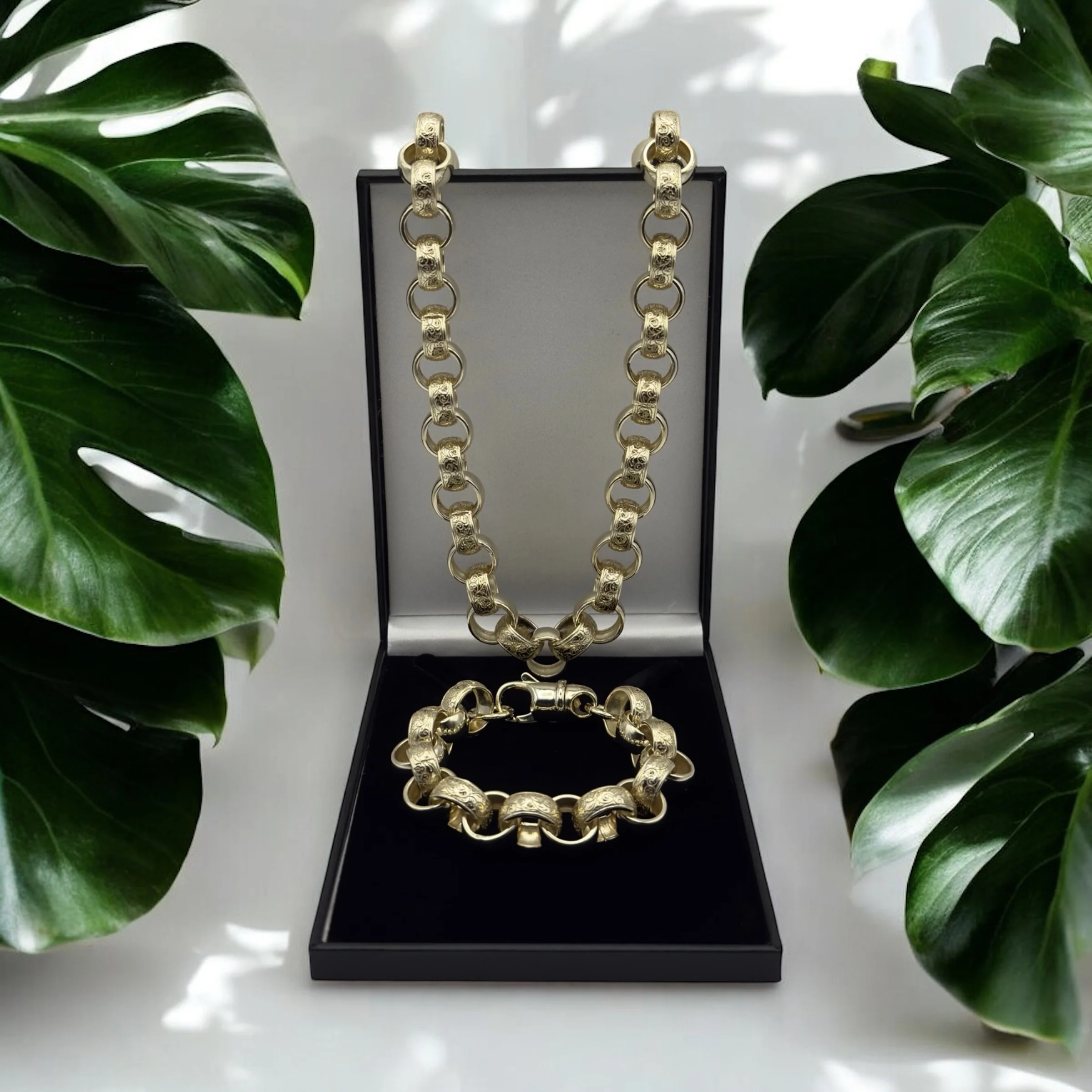 14MM GOLD FILLED ORNATE PATTERNED BELCHER CHAIN AND BRACELET SET - FULLY WELDED - Image 6
