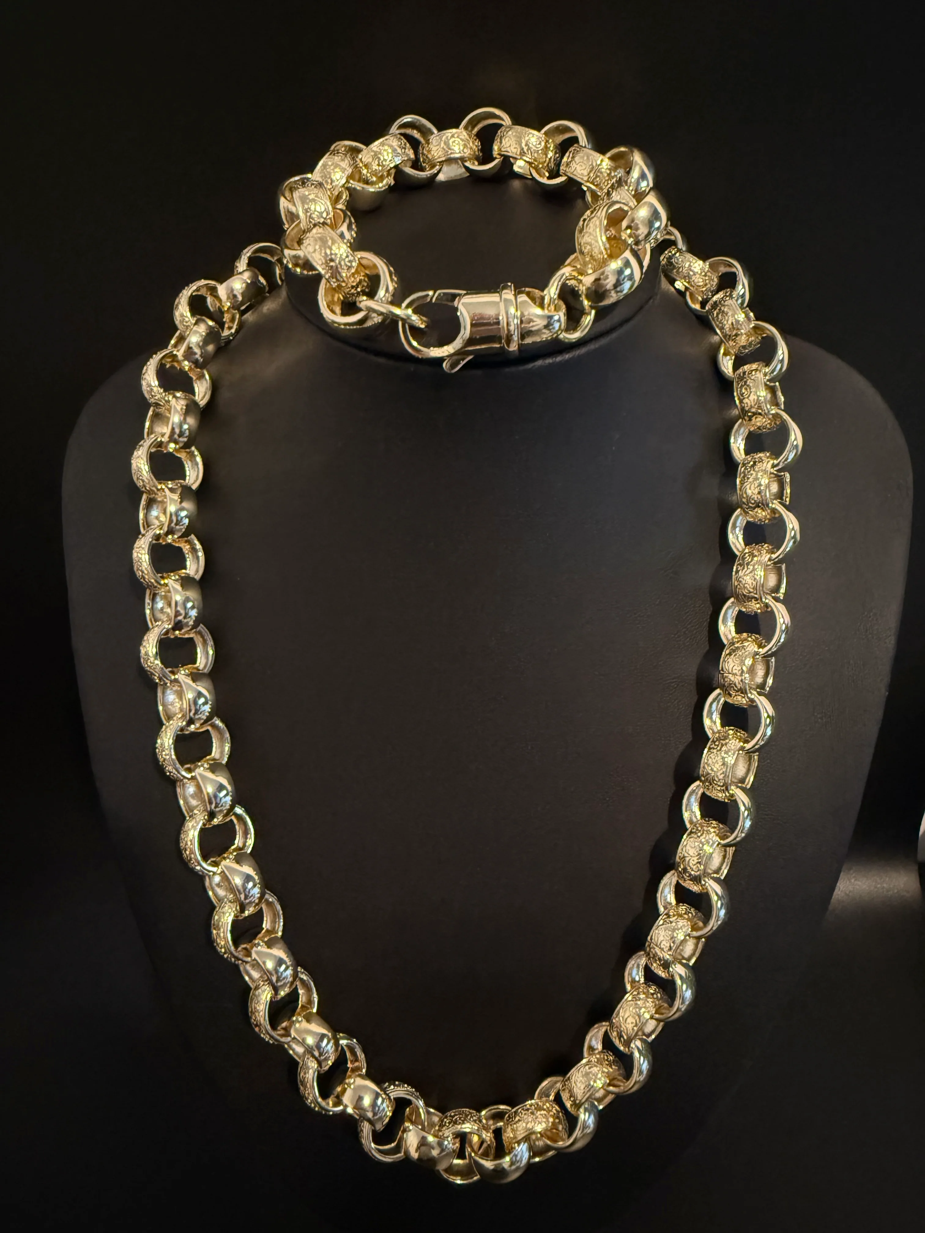 14MM GOLD FILLED ORNATE PATTERNED BELCHER CHAIN AND BRACELET SET - FULLY WELDED