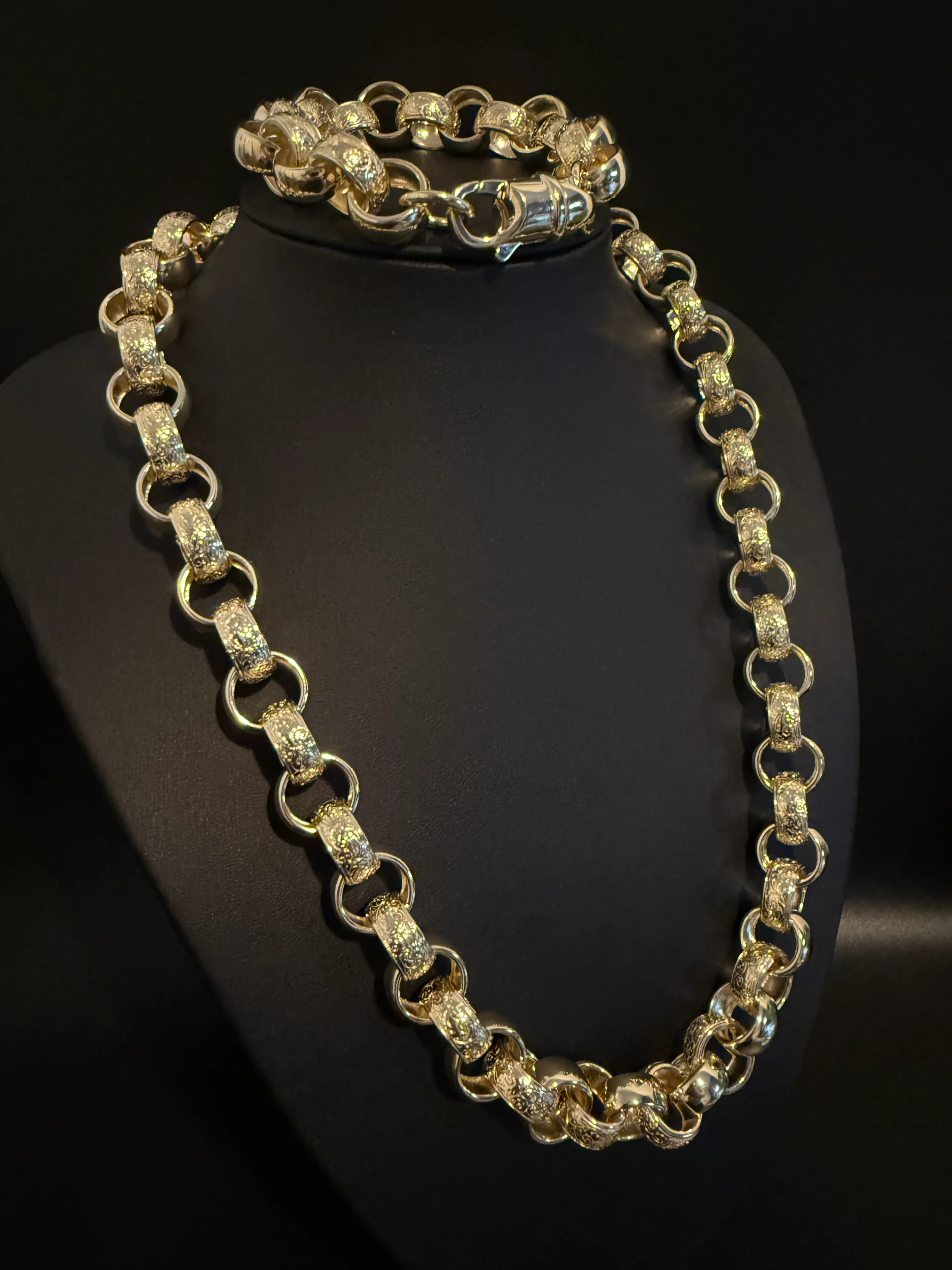 14MM GOLD FILLED ORNATE PATTERNED BELCHER CHAIN AND BRACELET SET - FULLY WELDED - Image 2