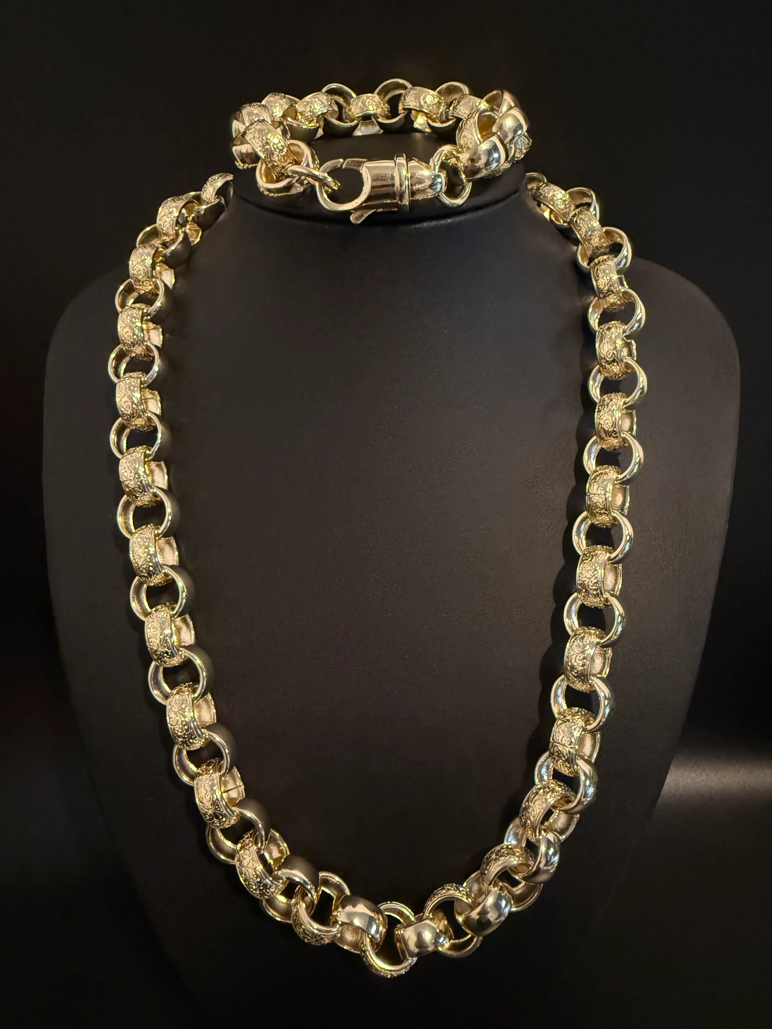 14MM GOLD FILLED ORNATE PATTERNED BELCHER CHAIN AND BRACELET SET - FULLY WELDED - Image 3