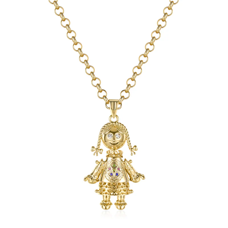 GOLD 3D RAG DOLL PENDANT MULTICOLOUR STONES
