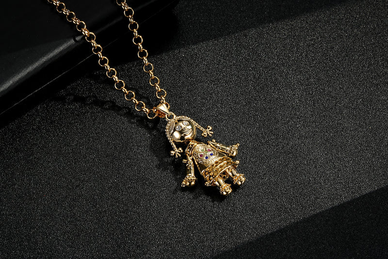 GOLD 3D RAG DOLL PENDANT MULTICOLOUR STONES - Image 3