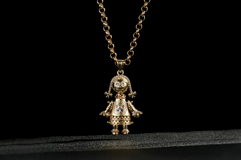 GOLD 3D RAG DOLL PENDANT MULTICOLOUR STONES - Image 4