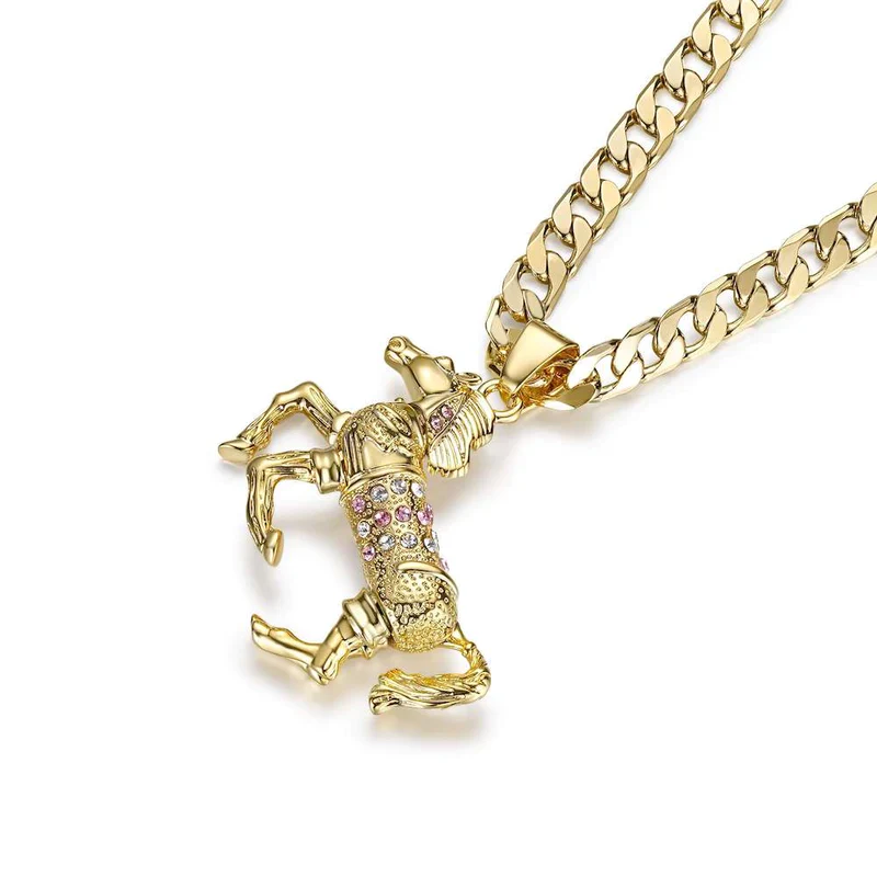 GOLD HORSE PENDANT WITH PINK STONES AND CUBAN CHAIN - Image 2