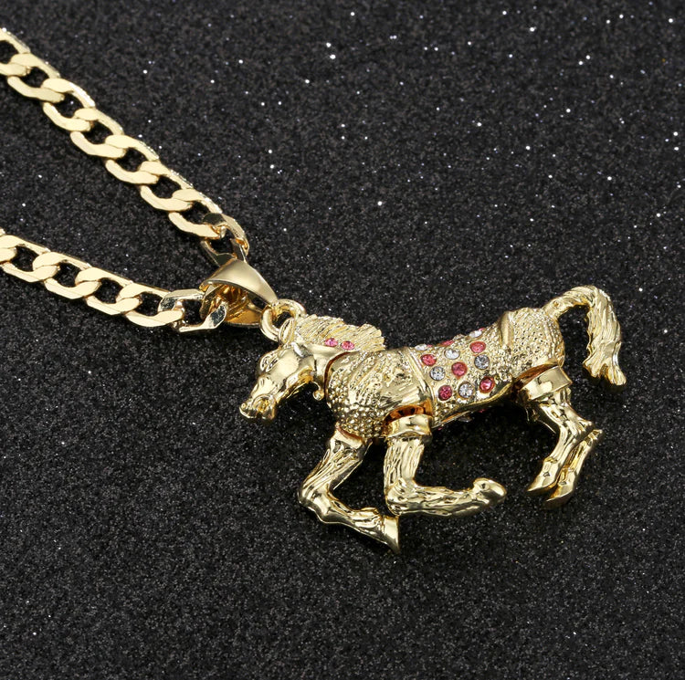 GOLD HORSE PENDANT WITH PINK STONES AND CUBAN CHAIN - Image 3
