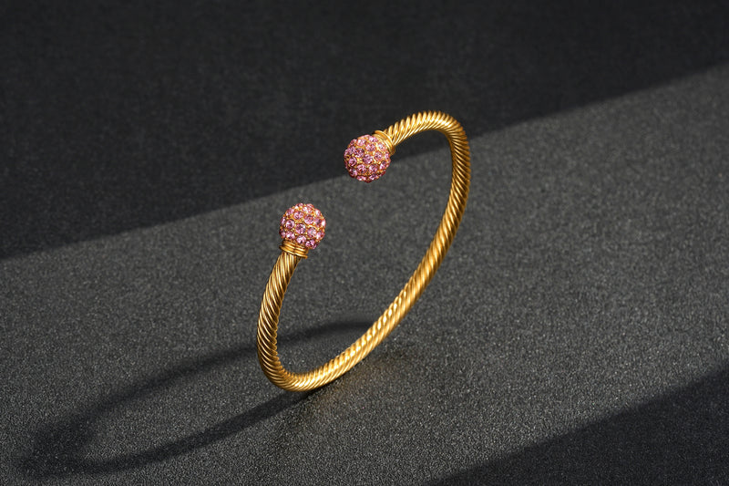 NEW 4MM GOLD BALL TORQUE BANGLE BRACELET WITH PINK STONES - Image 2