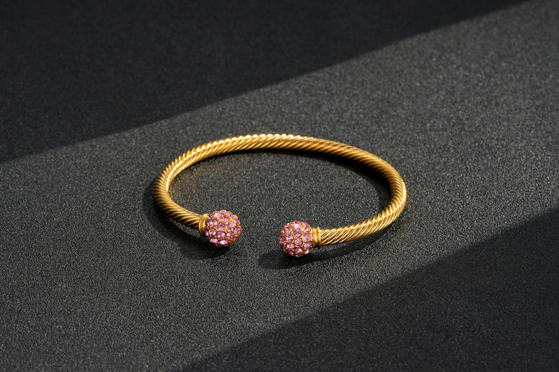 NEW 4MM GOLD BALL TORQUE BANGLE BRACELET WITH PINK STONES - Image 3