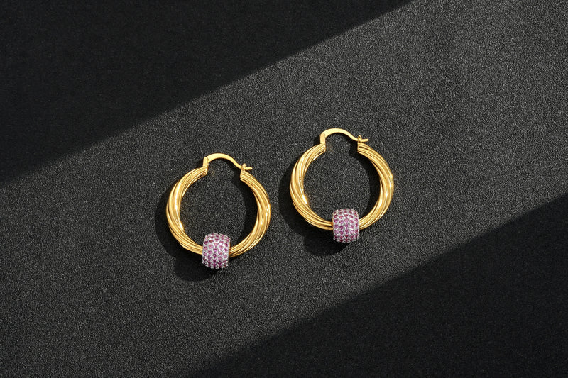 NEW GOLD LARGE DISCO BALL HOOP EARRINGS WITH PINK STONES - Image 3