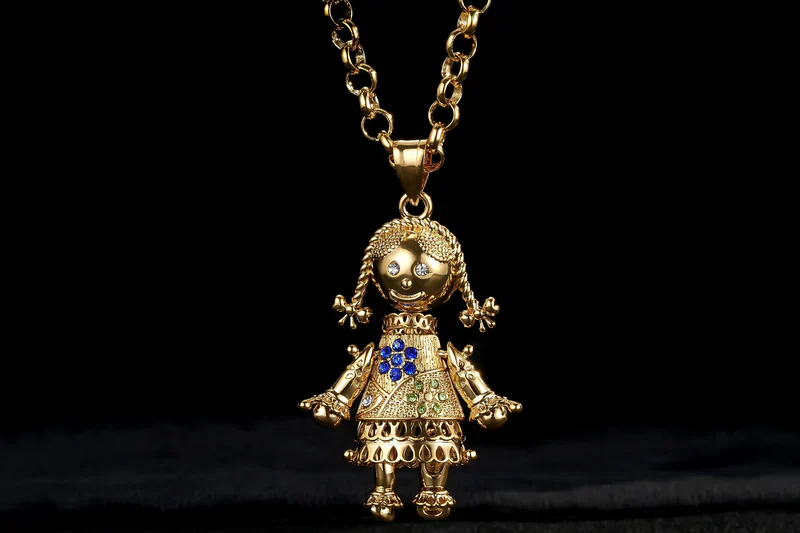 RAG DOLL PENDANT WITH 5.5MM GOLD SMOOTH BELCHER CHAIN - BLUE STONES - Image 3