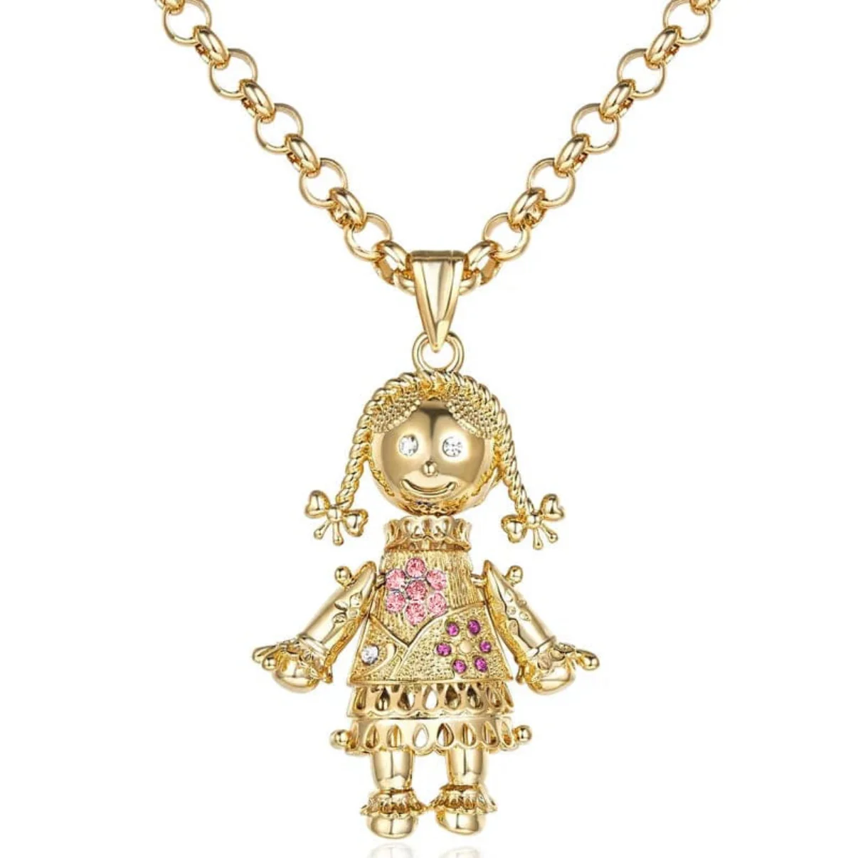 RAG DOLL PENDANT WITH A GOLD SMOOTH BELCHER CHAIN - PINK & RED STONES