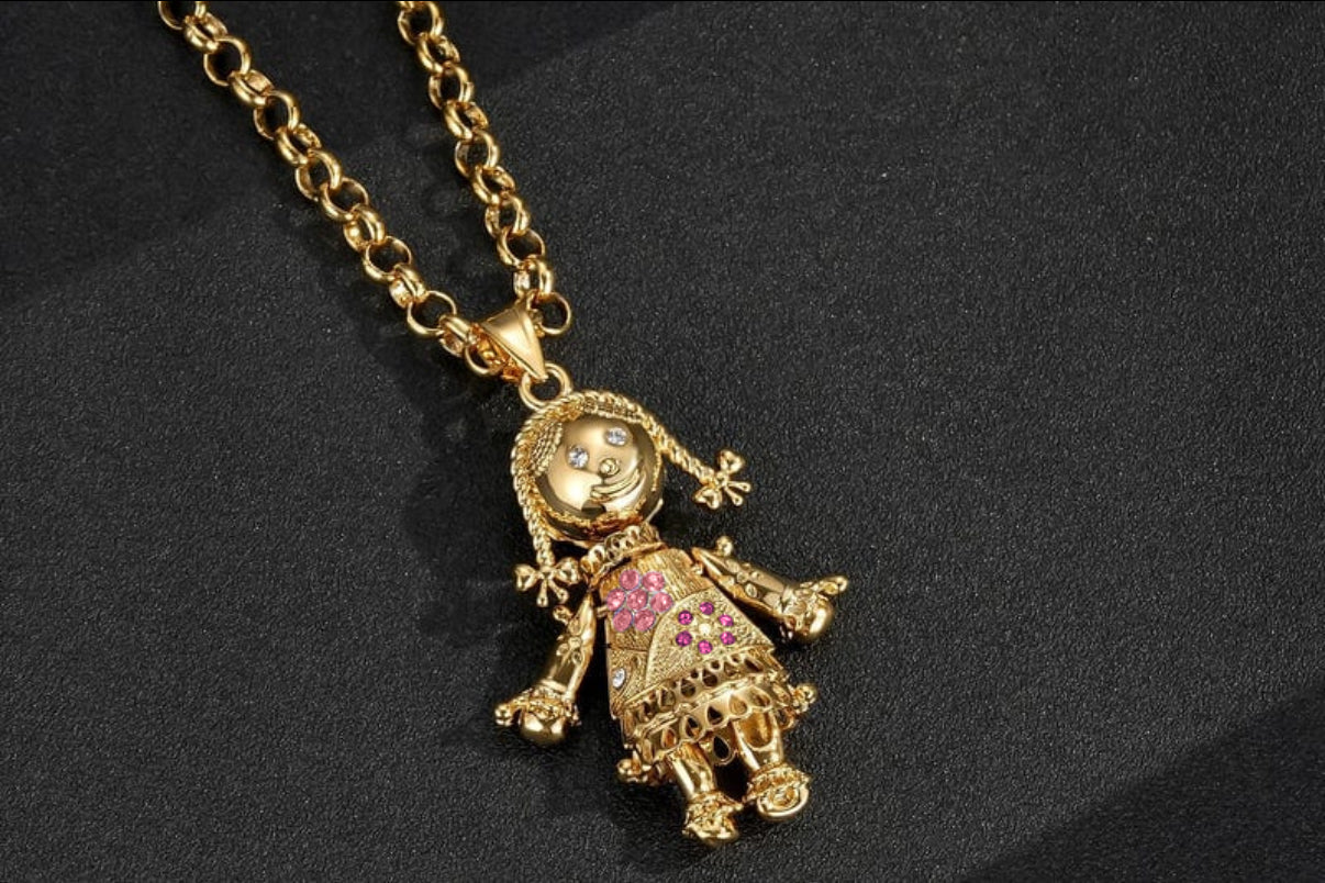 RAG DOLL PENDANT WITH A GOLD SMOOTH BELCHER CHAIN - PINK & RED STONES - Image 2
