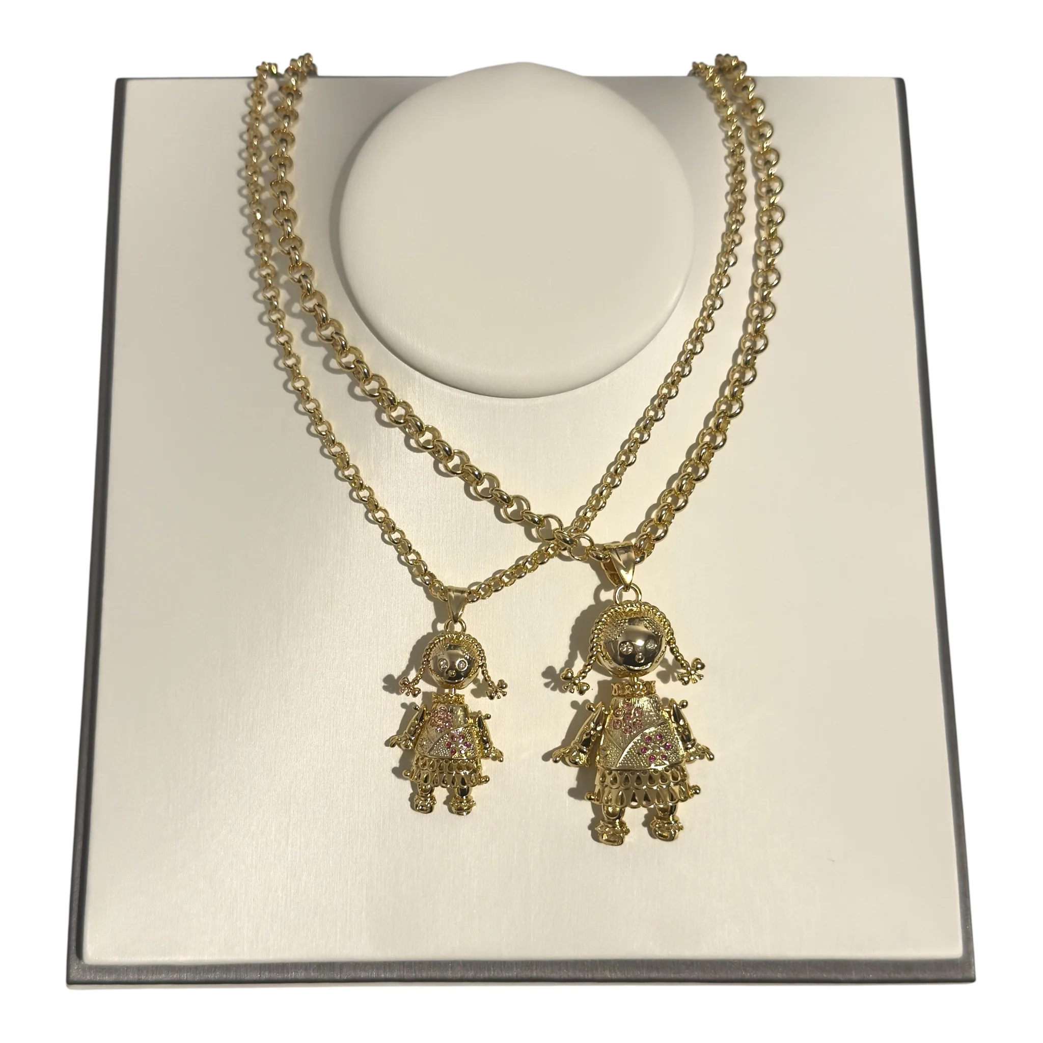 RAG DOLL PENDANT WITH A GOLD SMOOTH BELCHER CHAIN - PINK & RED STONES - Image 3