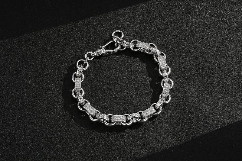 SILVER 10MM GYPSY LINK WITH STONES BELCHER BRACELET WITH ALBERT CLASP - Image 3