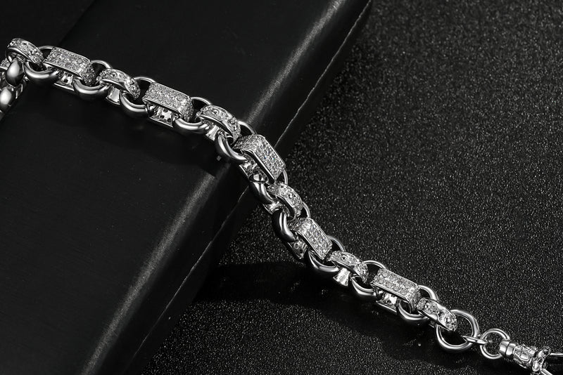 SILVER 10MM GYPSY LINK WITH STONES BELCHER BRACELET WITH ALBERT CLASP - Image 4